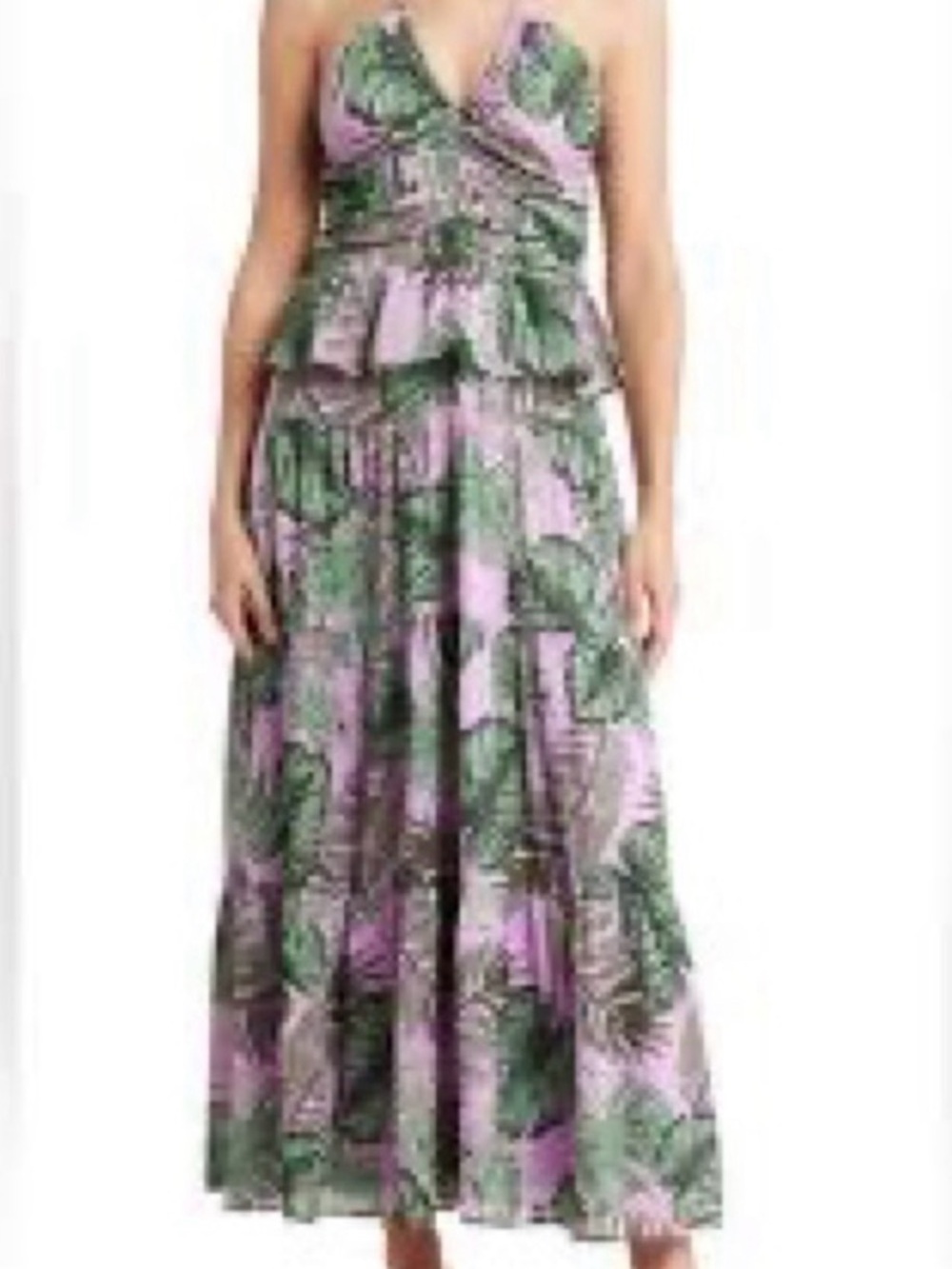 NSR Purple and Green Tropical Print Midi Dress